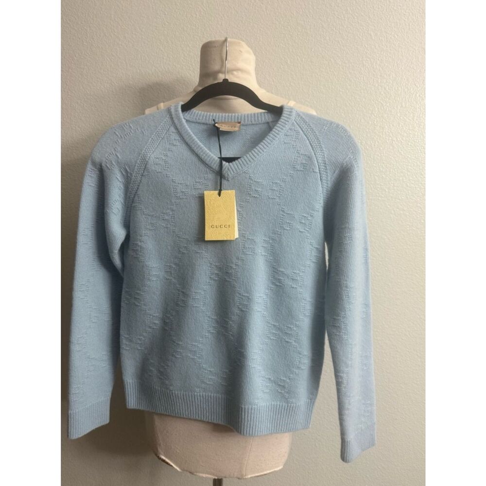 Gucci Kids GG Monogram Knit Sweater Light Blue Size 10 NWT Fits  adults XS
